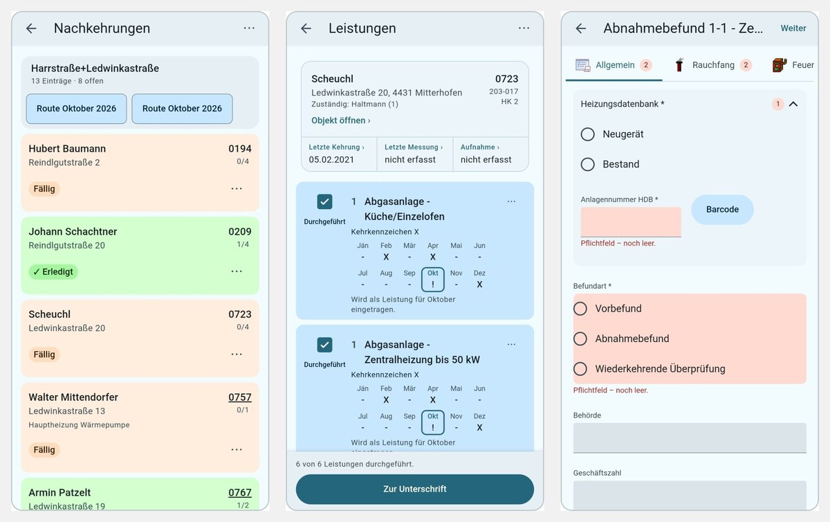 Screenshots der neuen AppChim-Pro: Nachkehrungen, Leistungen und Befund