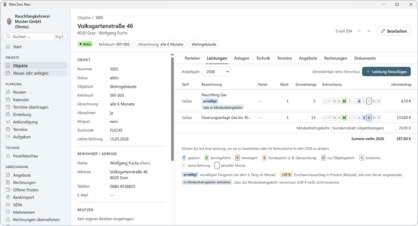Screenshot von WinChim Neo: Leistungen und Kehrschema eines Objekts