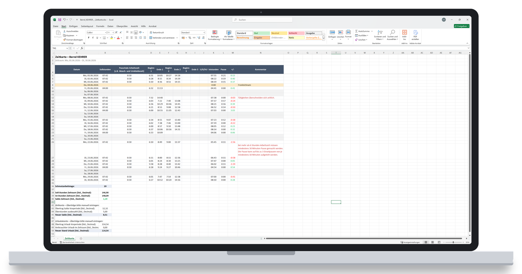 Exportierte Zeitkarte in Excel